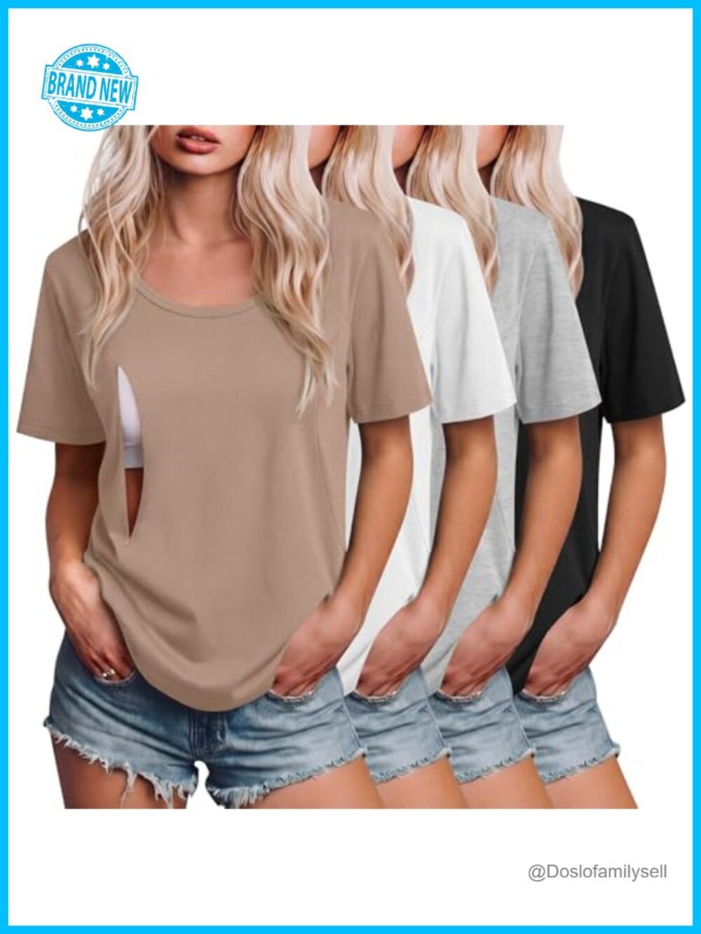 4 Pack Women's Maternity Nursing Shirts Scoop Neck Hidden Zipper Tops